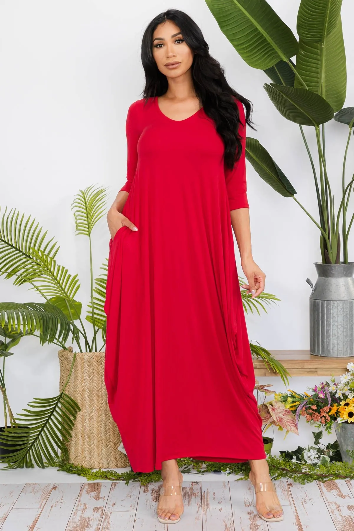 HH645X-SOLID - 3/4 SLEEVE MAXI DRESS