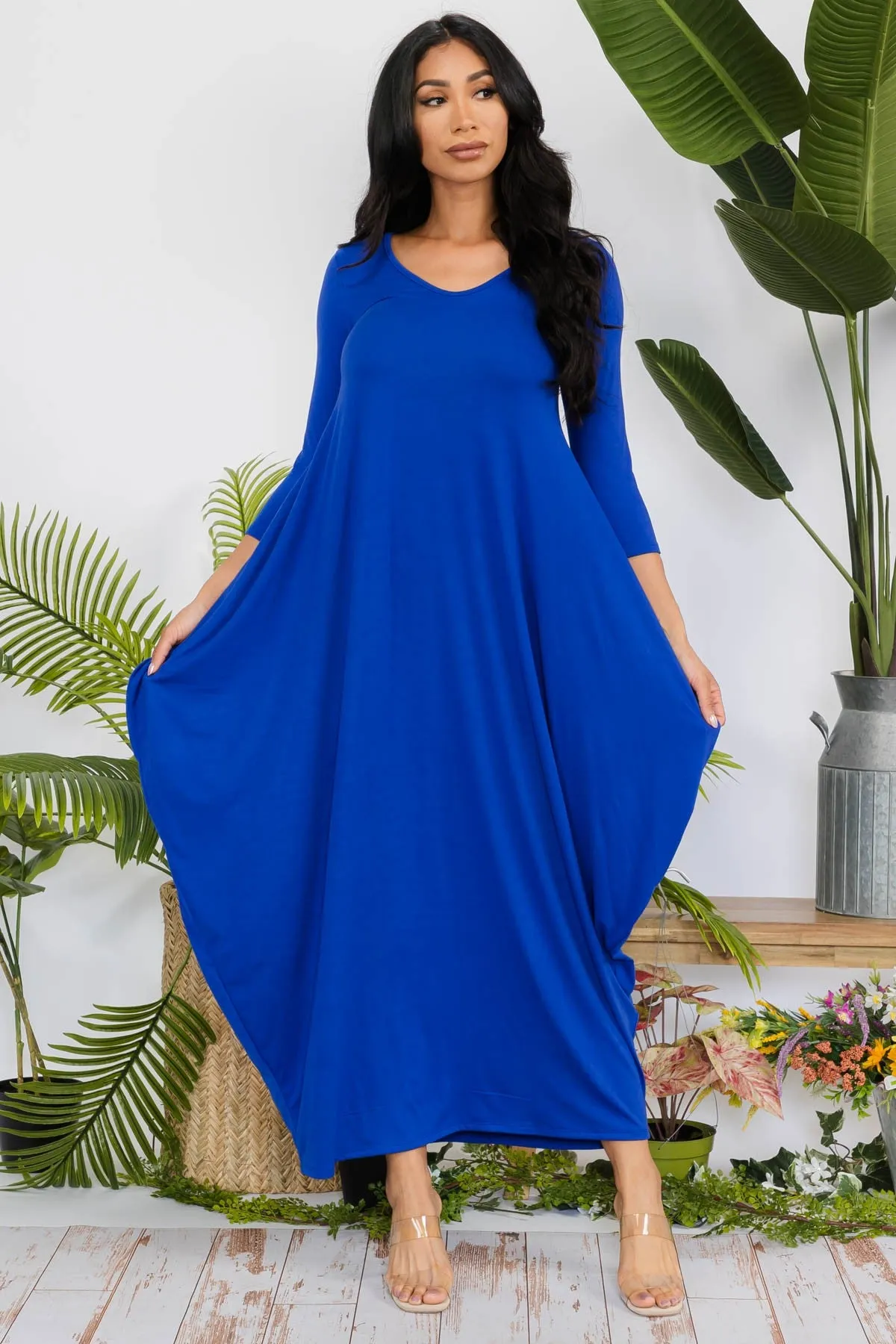 HH645X-SOLID - 3/4 SLEEVE MAXI DRESS