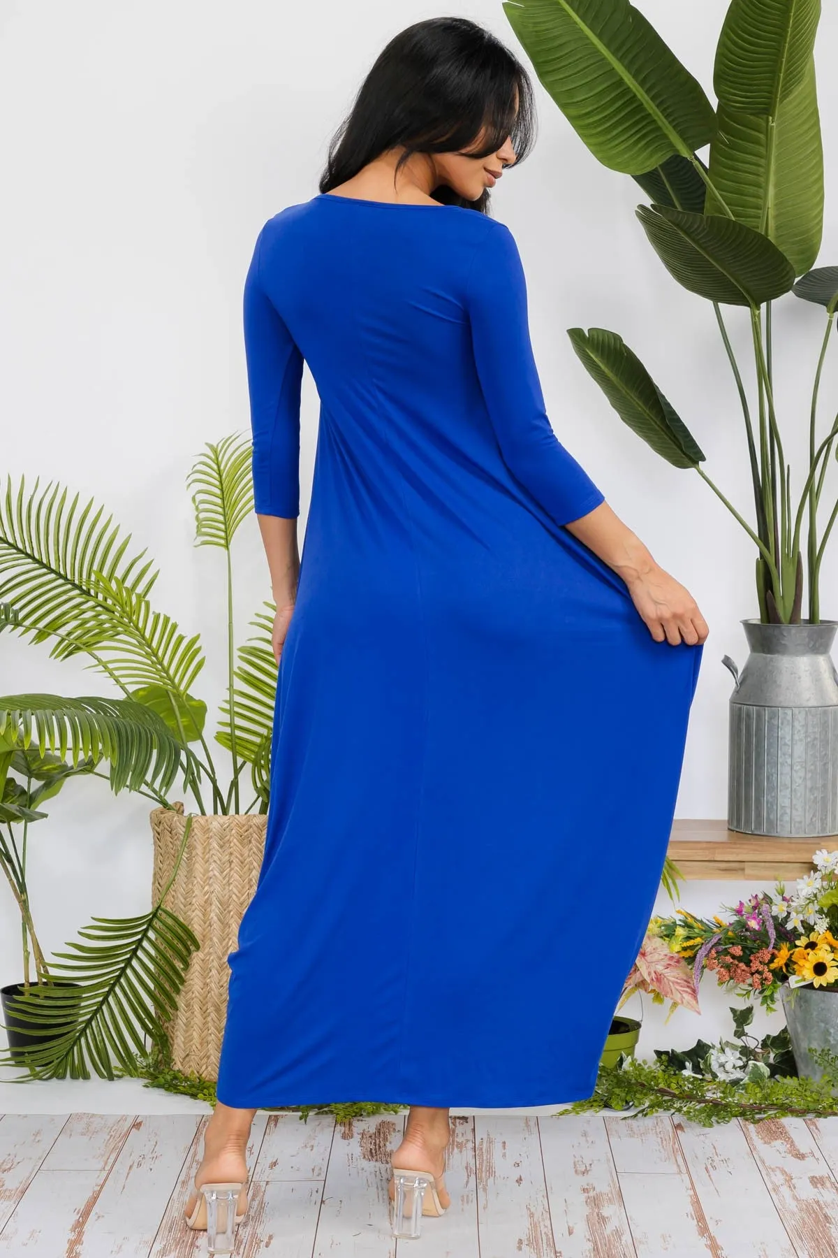 HH645X-SOLID - 3/4 SLEEVE MAXI DRESS