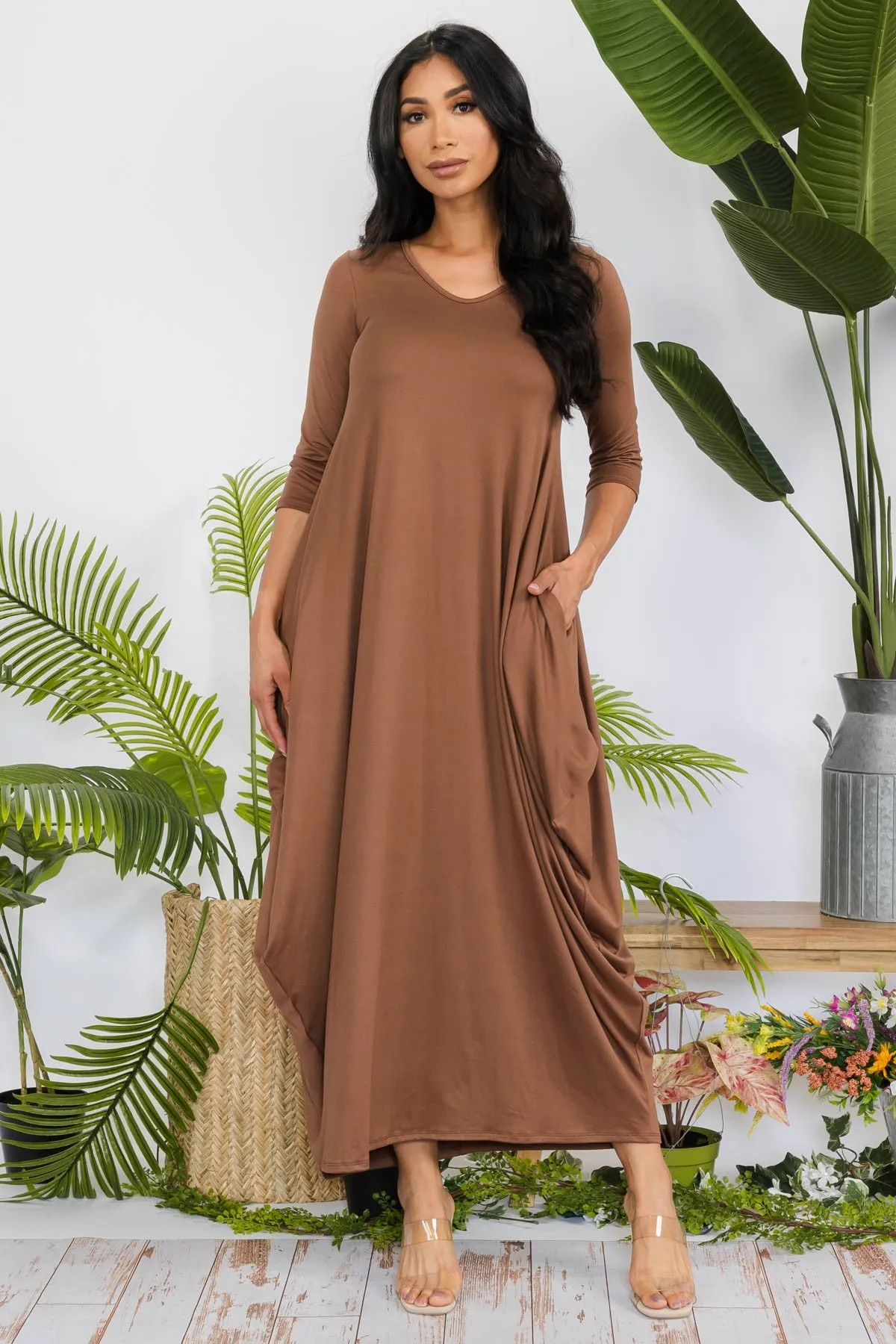 HH645X-SOLID - 3/4 SLEEVE MAXI DRESS