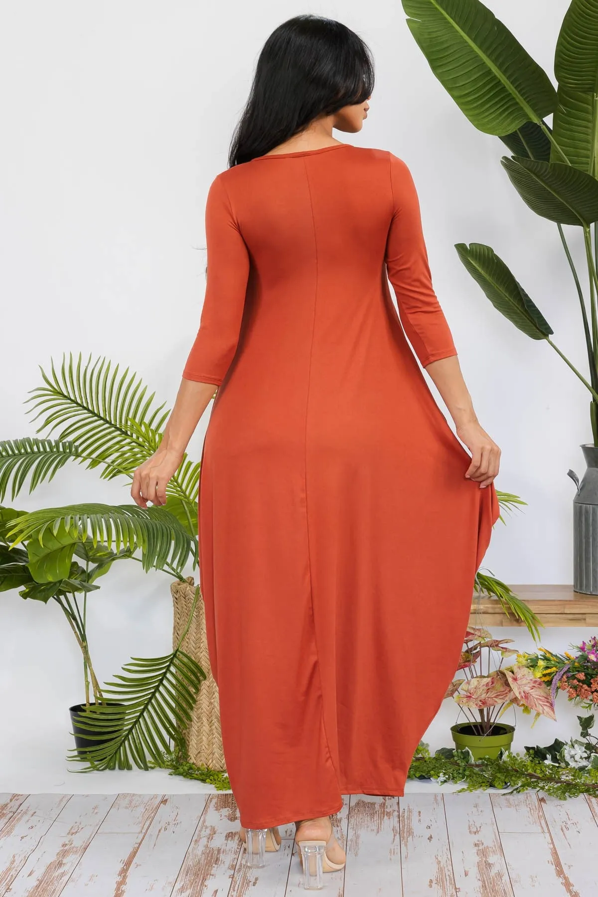 HH645X-SOLID - 3/4 SLEEVE MAXI DRESS