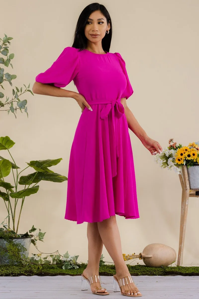 HH680R-SOLID - PRINCESS SLEEVE BELTED MIDI DRESS