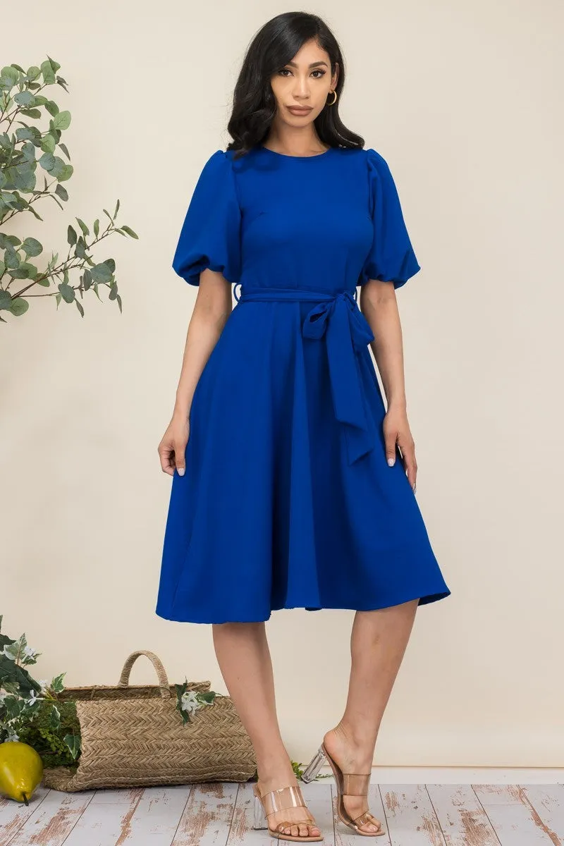 HH680R-SOLID - PRINCESS SLEEVE BELTED MIDI DRESS