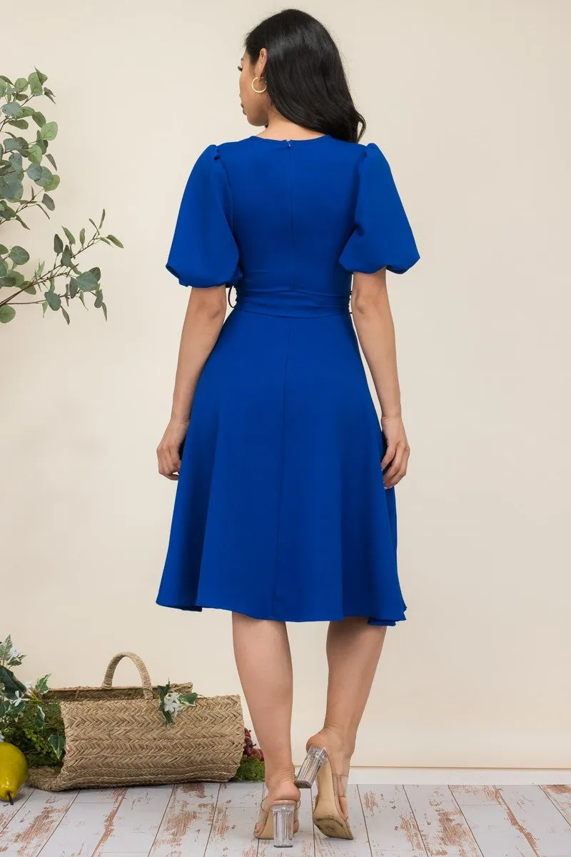 HH680R-SOLID - PRINCESS SLEEVE BELTED MIDI DRESS