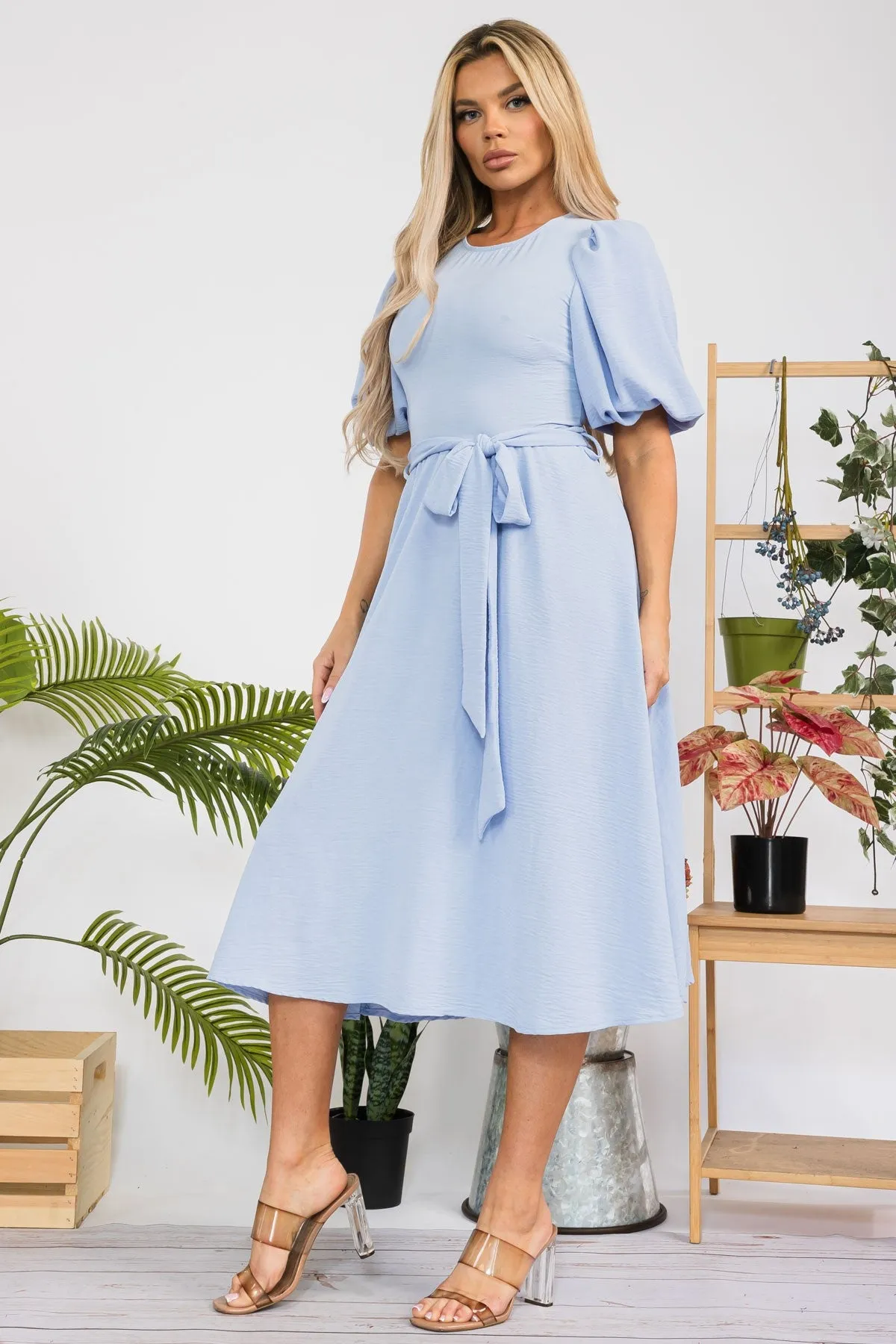 HH680R-SOLID - PRINCESS SLEEVE BELTED MIDI DRESS