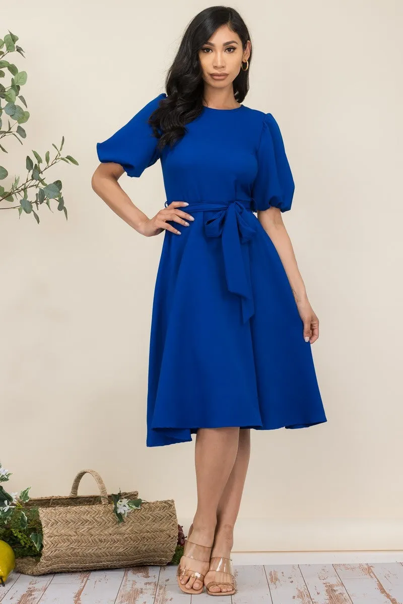 HH680R-SOLID - PRINCESS SLEEVE BELTED MIDI DRESS