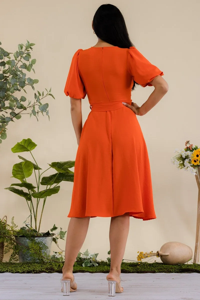 HH680R-SOLID - PRINCESS SLEEVE BELTED MIDI DRESS