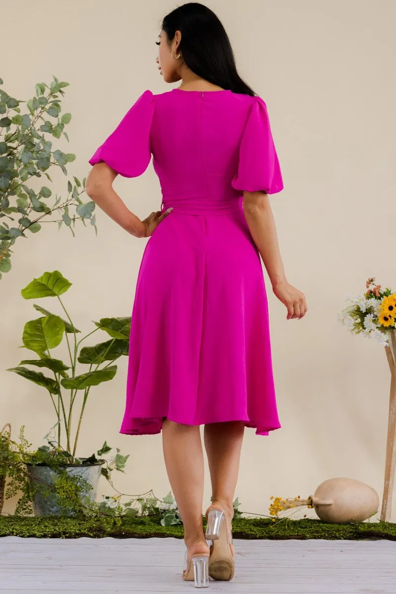 HH680R-SOLID - PRINCESS SLEEVE BELTED MIDI DRESS