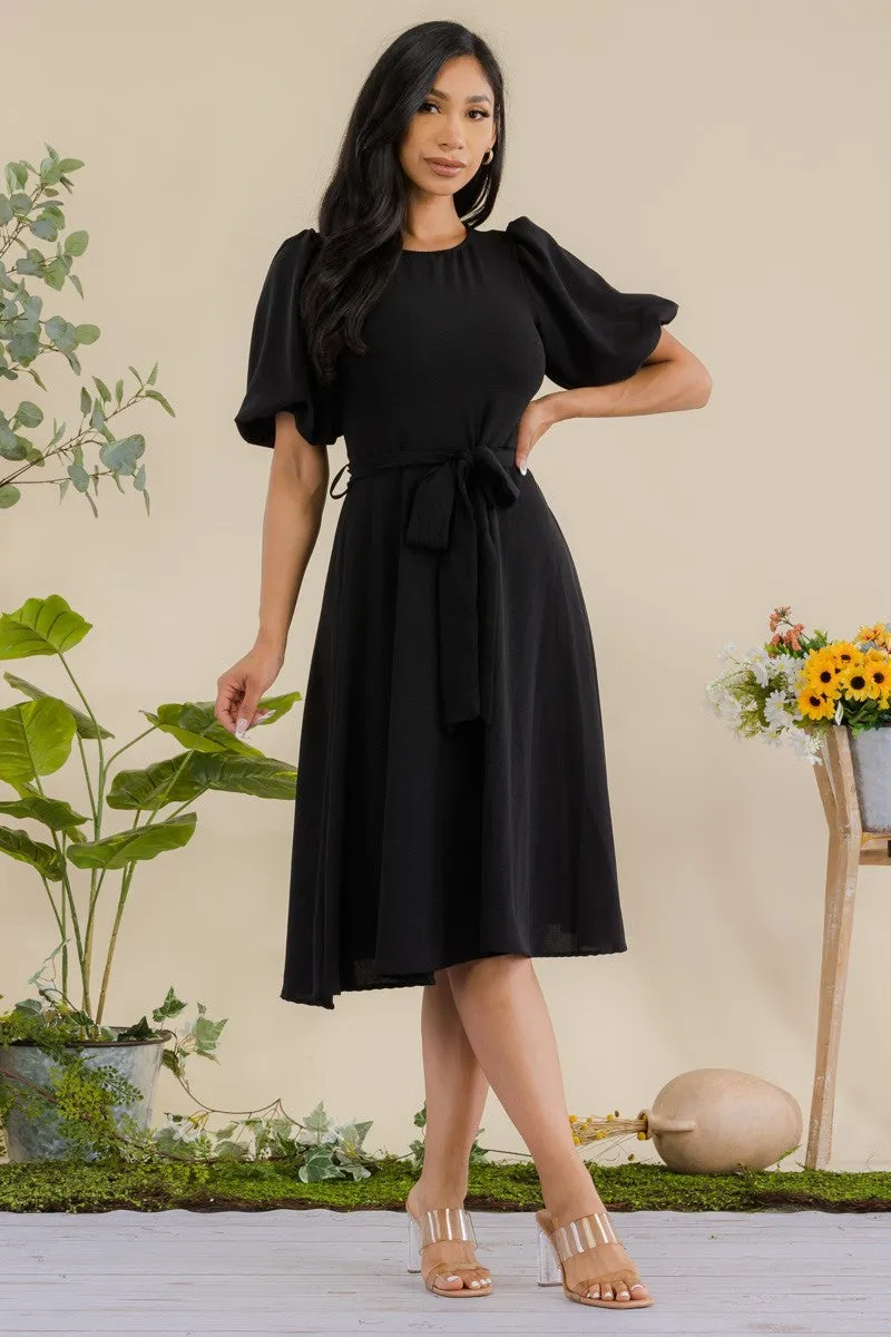 HH680R-SOLID - PRINCESS SLEEVE BELTED MIDI DRESS