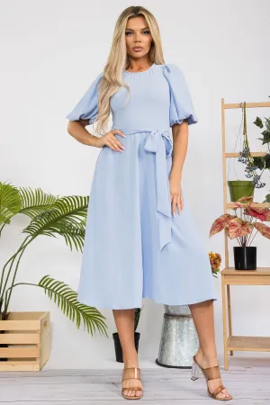 HH680R-SOLID - PRINCESS SLEEVE BELTED MIDI DRESS