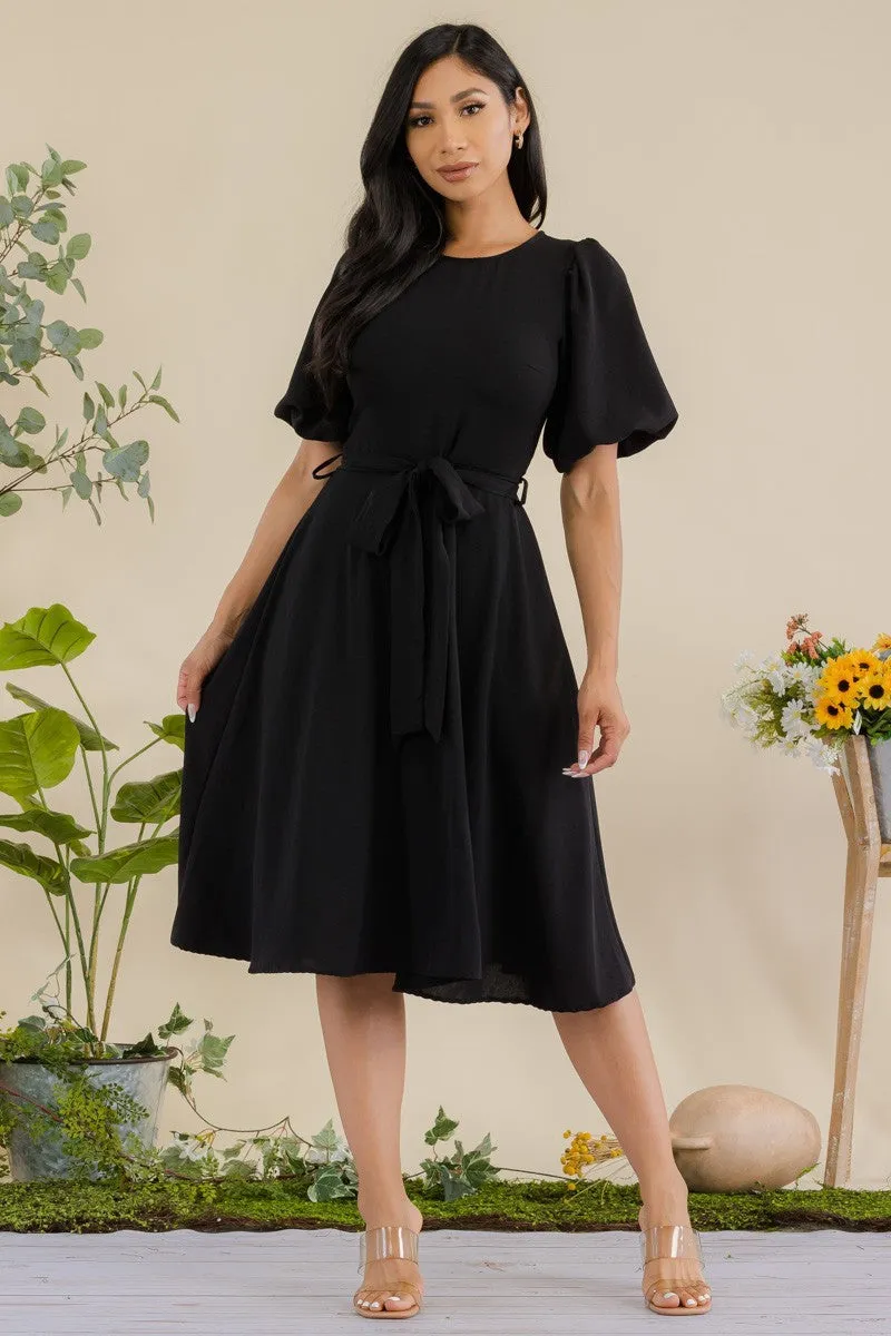 HH680R-SOLID - PRINCESS SLEEVE BELTED MIDI DRESS