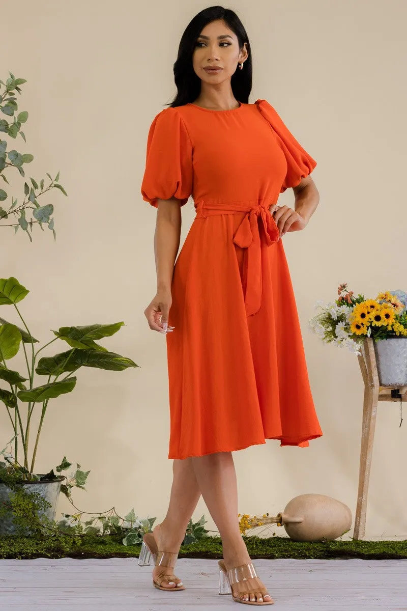 HH680R-SOLID - PRINCESS SLEEVE BELTED MIDI DRESS