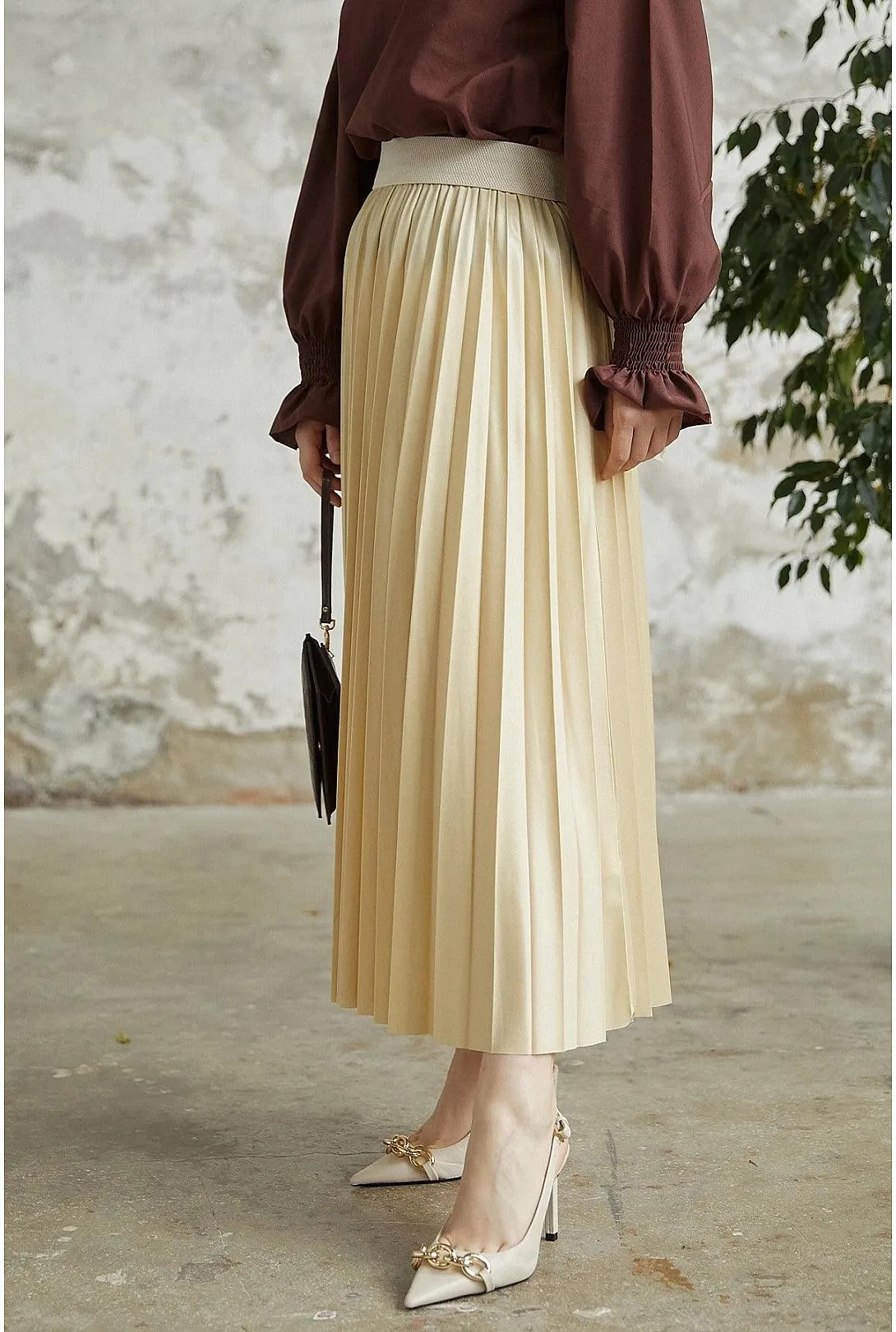 Leather Look Long Maxi Skirt for Women - Creamy Beige