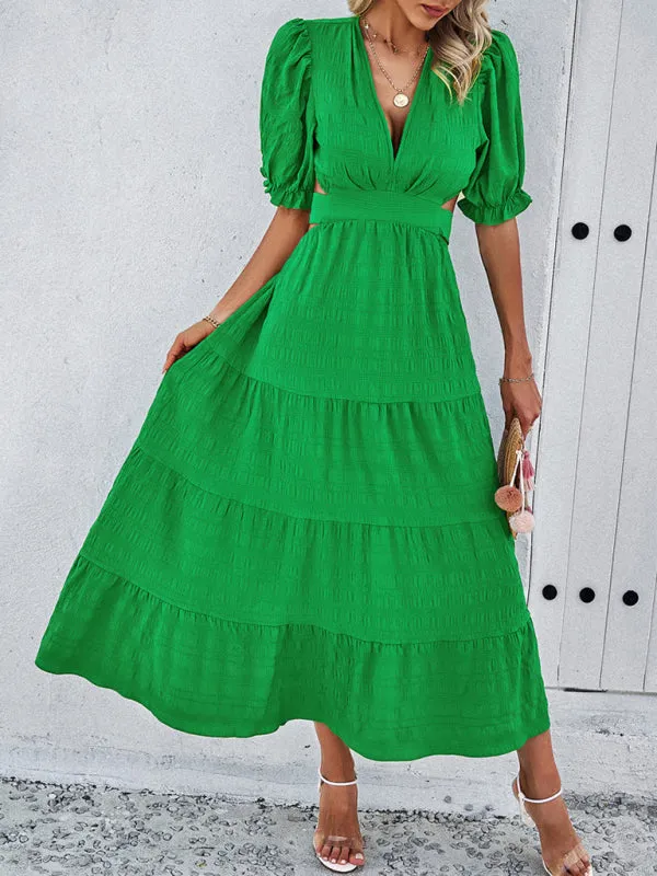 Maxi Dress V-neck backless Cutout Tie-Waist Midi Dresses New Womens Fashion