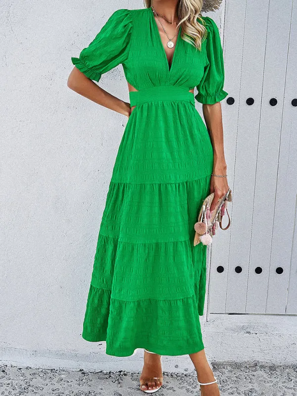 Maxi Dress V-neck backless Cutout Tie-Waist Midi Dresses New Womens Fashion