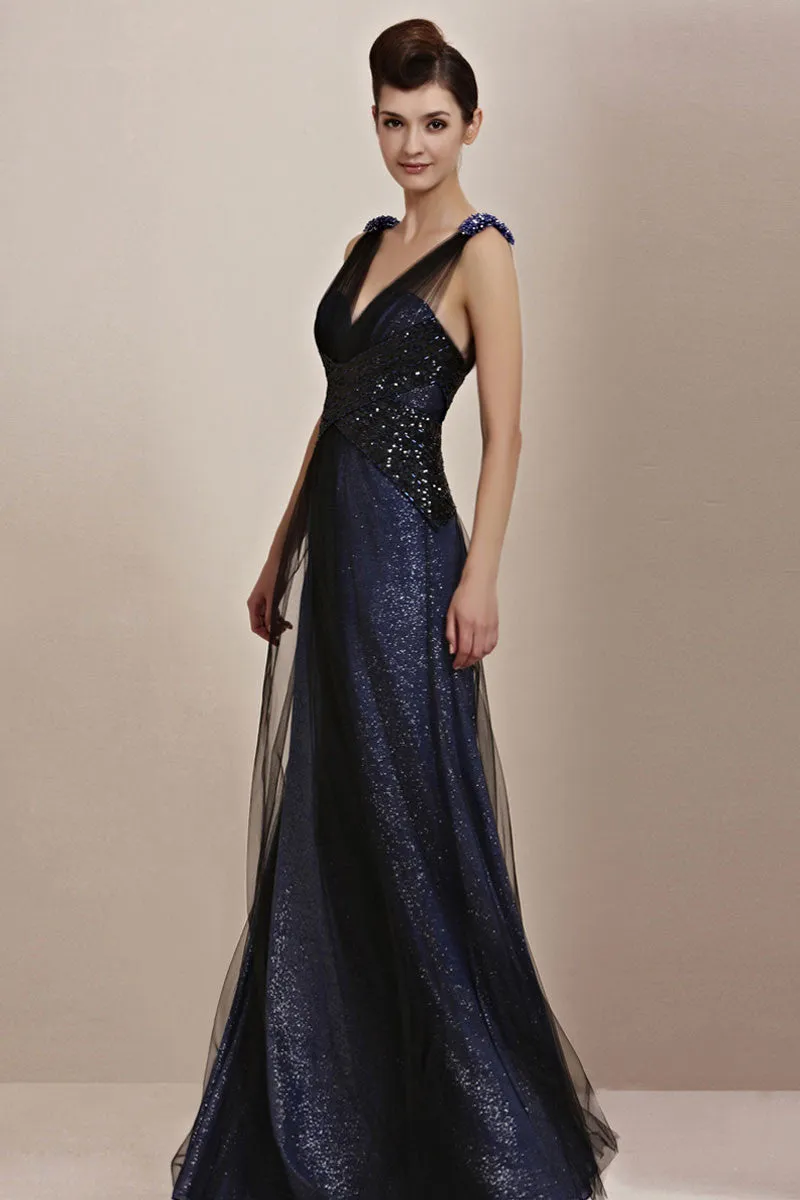 Midnight Navy Blue Elegant Low Back Pageant Black Tie Evening Cocktail Dress CX830091