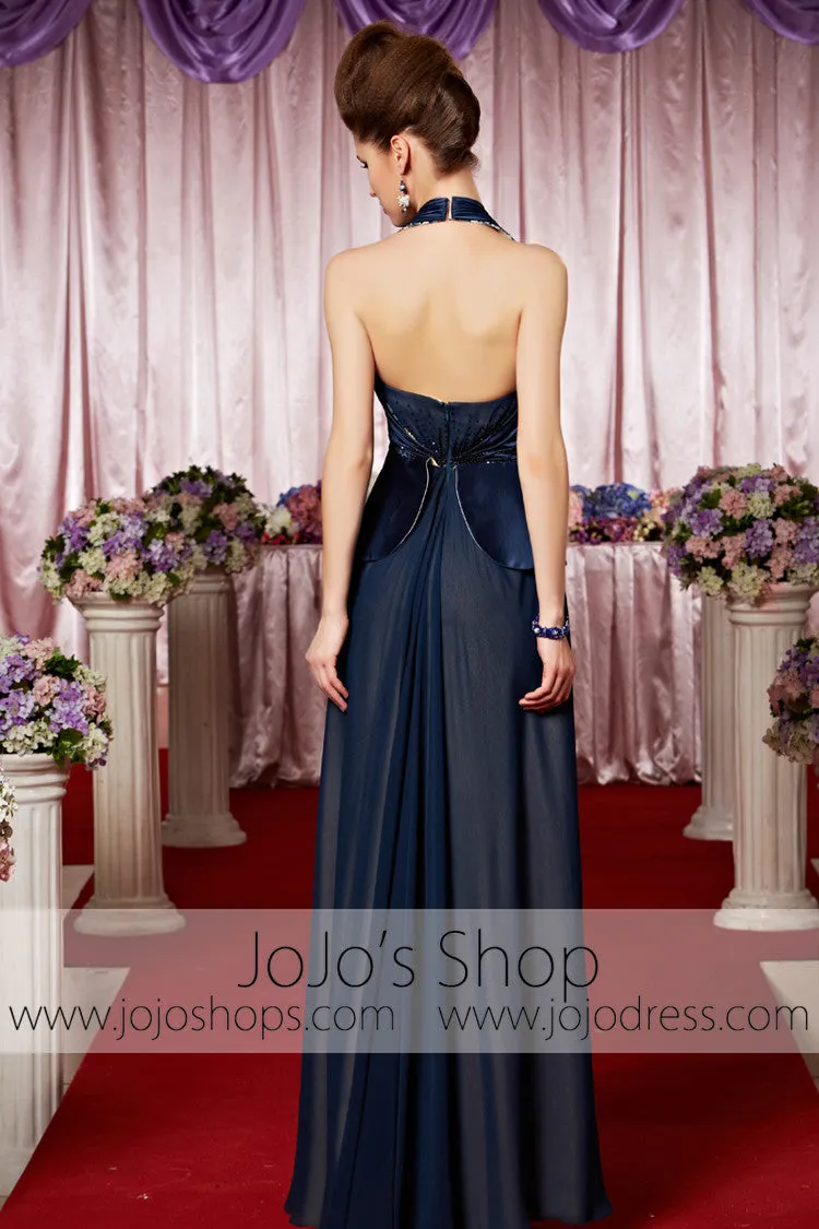 Navy Blue Halter Retro Hollywood Sexy Low Back Elegant Prom Formal Evening Dress CX830069