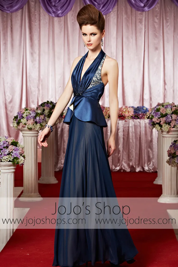 Navy Blue Halter Retro Hollywood Sexy Low Back Elegant Prom Formal Evening Dress CX830069