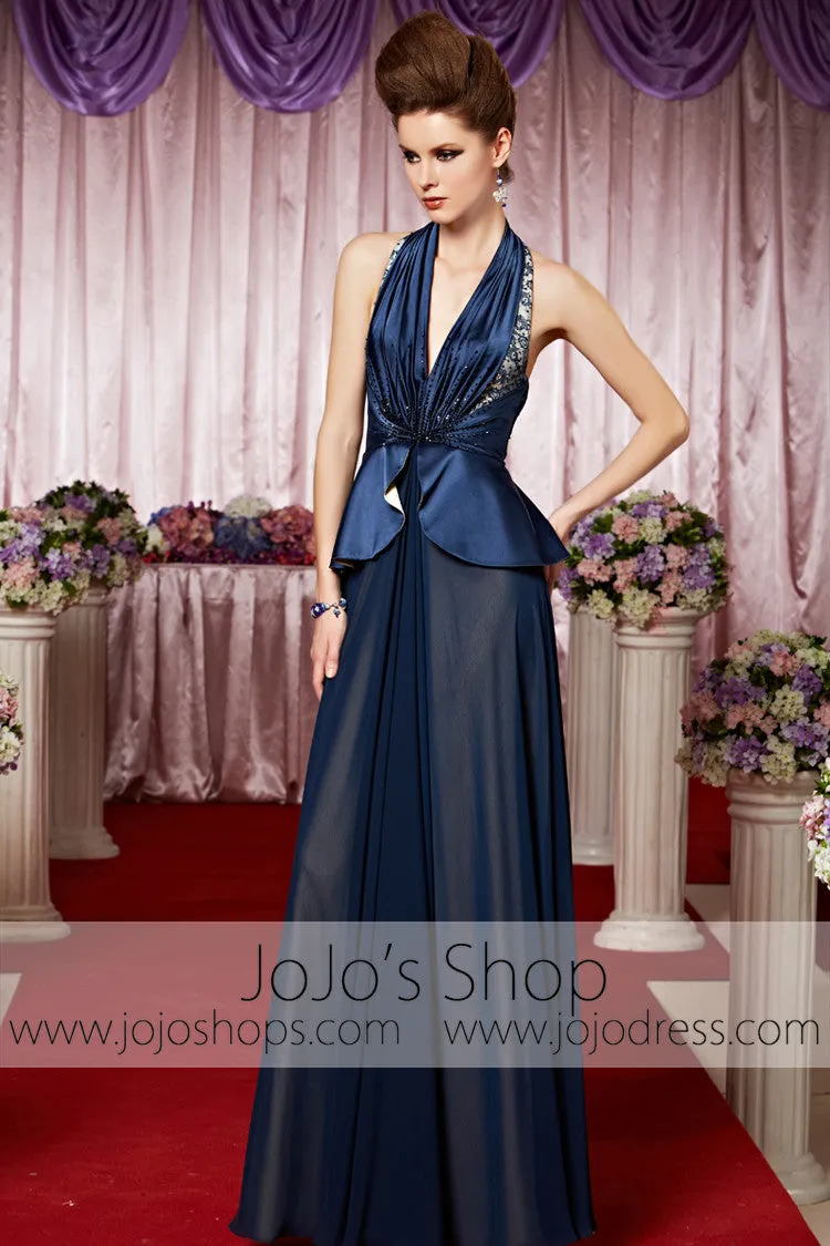 Navy Blue Halter Retro Hollywood Sexy Low Back Elegant Prom Formal Evening Dress CX830069