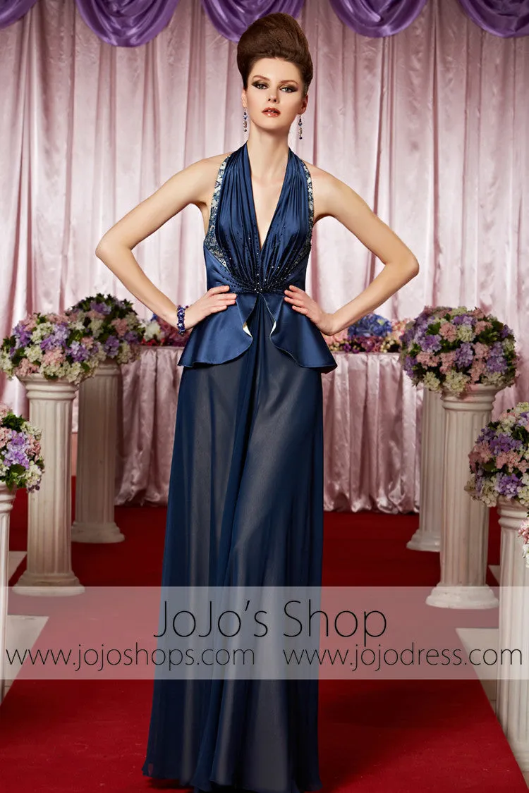 Navy Blue Halter Retro Hollywood Sexy Low Back Elegant Prom Formal Evening Dress CX830069