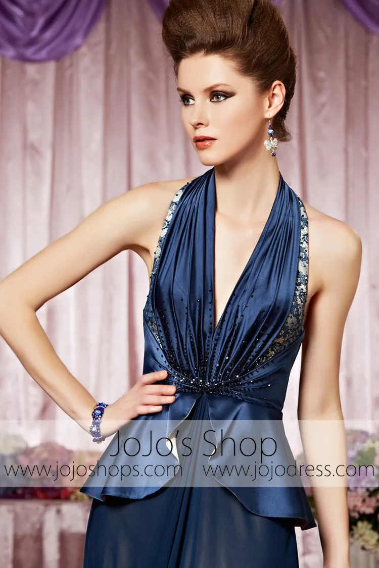 Navy Blue Halter Retro Hollywood Sexy Low Back Elegant Prom Formal Evening Dress CX830069