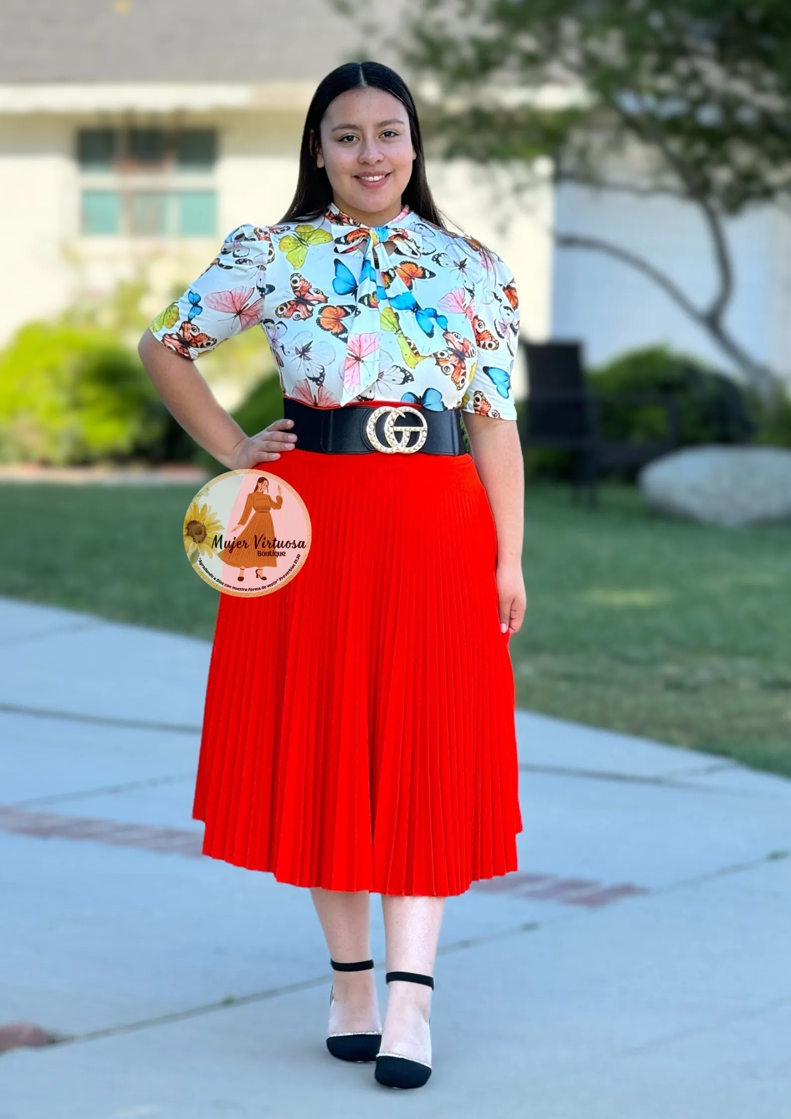 Orange Pleated Midi Skirt