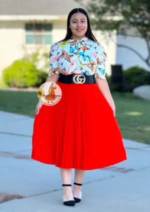 Orange Pleated Midi Skirt