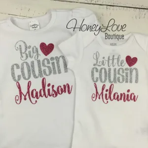 PERSONALIZED Cousin Bodysuits and Shirts - Silver Glitter and Dark Pink Glitter