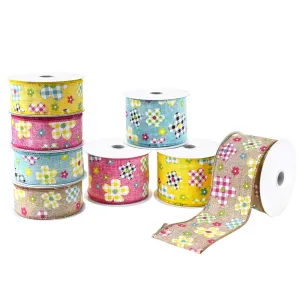 Plaid Patterned Spring Flowers Wired Ribbon, 10-yard