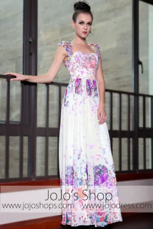 Purple Multicolor Floral Cap Sleeves Princess Prom Evening Formal Dress DQ830866