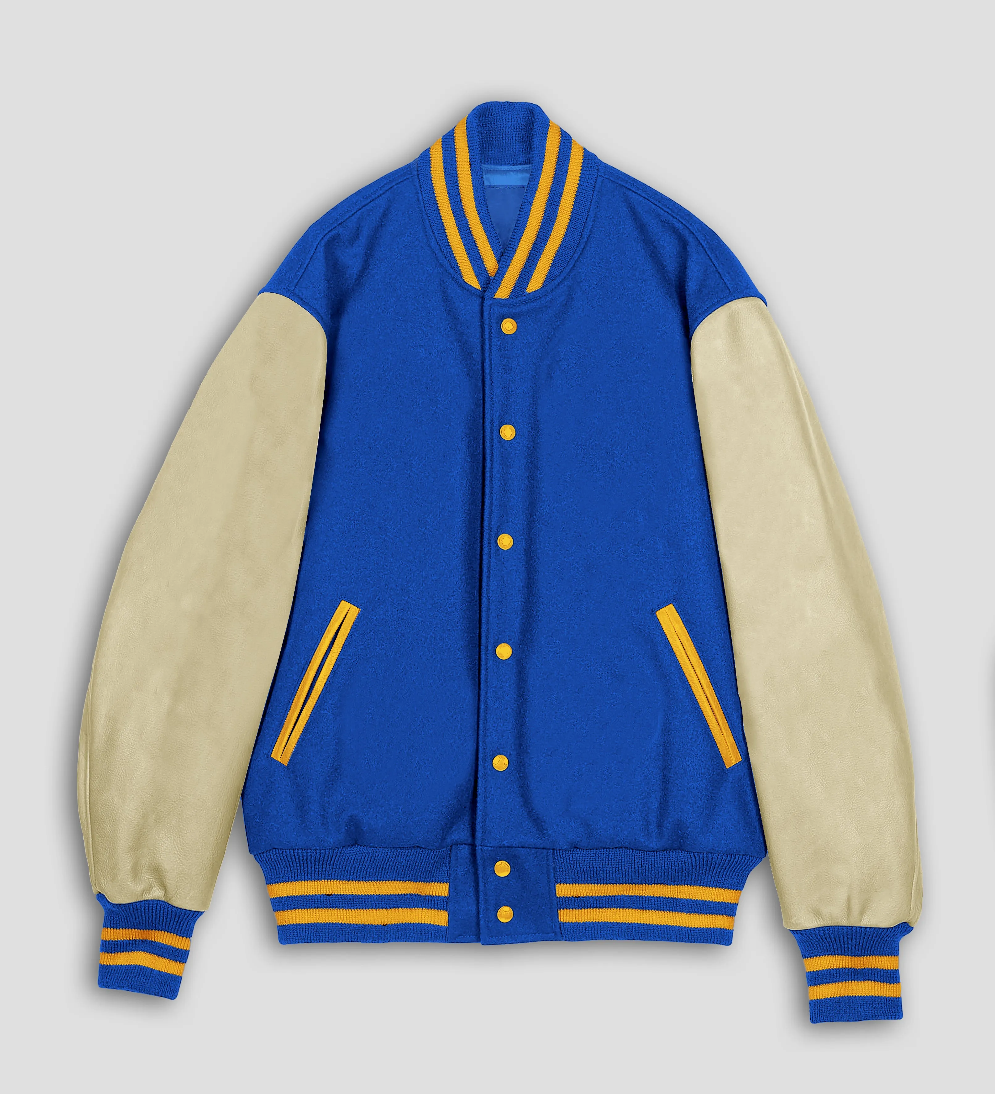 Royal Blue Body Cream Leather Sleeves Gold Yellow Stripes Varsity Jacket