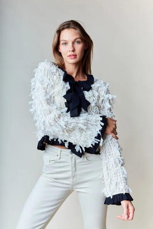 Waitlist 1/1 ♥ Eliza Long Sleeve Bow Tie Fringed Jacket Ivory