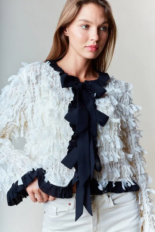 Waitlist 1/1 ♥ Eliza Long Sleeve Bow Tie Fringed Jacket Ivory