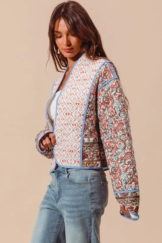 Waitlist 12/7 ♥ Alyce Long Sleeve Paisley Print Open Front Quilted Shacket Blue