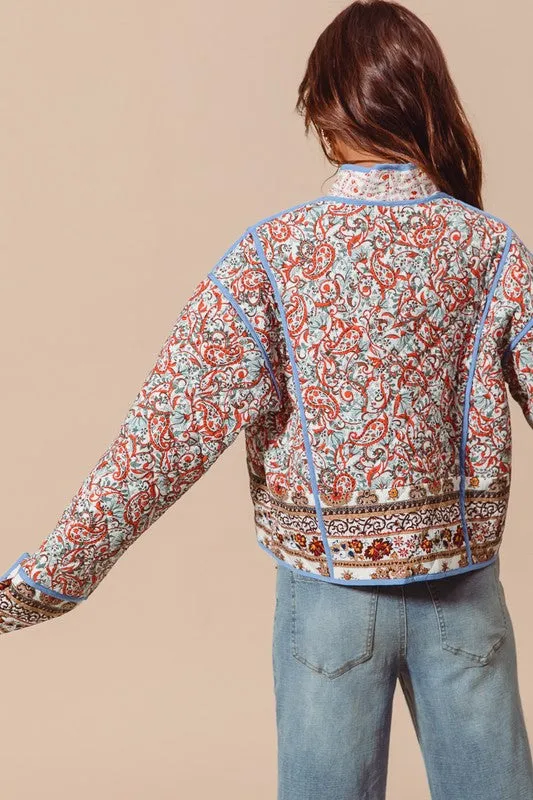 Waitlist 12/7 ♥ Alyce Long Sleeve Paisley Print Open Front Quilted Shacket Blue