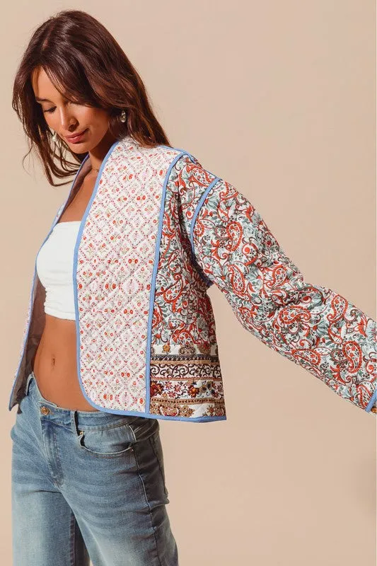 Waitlist 12/7 ♥ Alyce Long Sleeve Paisley Print Open Front Quilted Shacket Blue