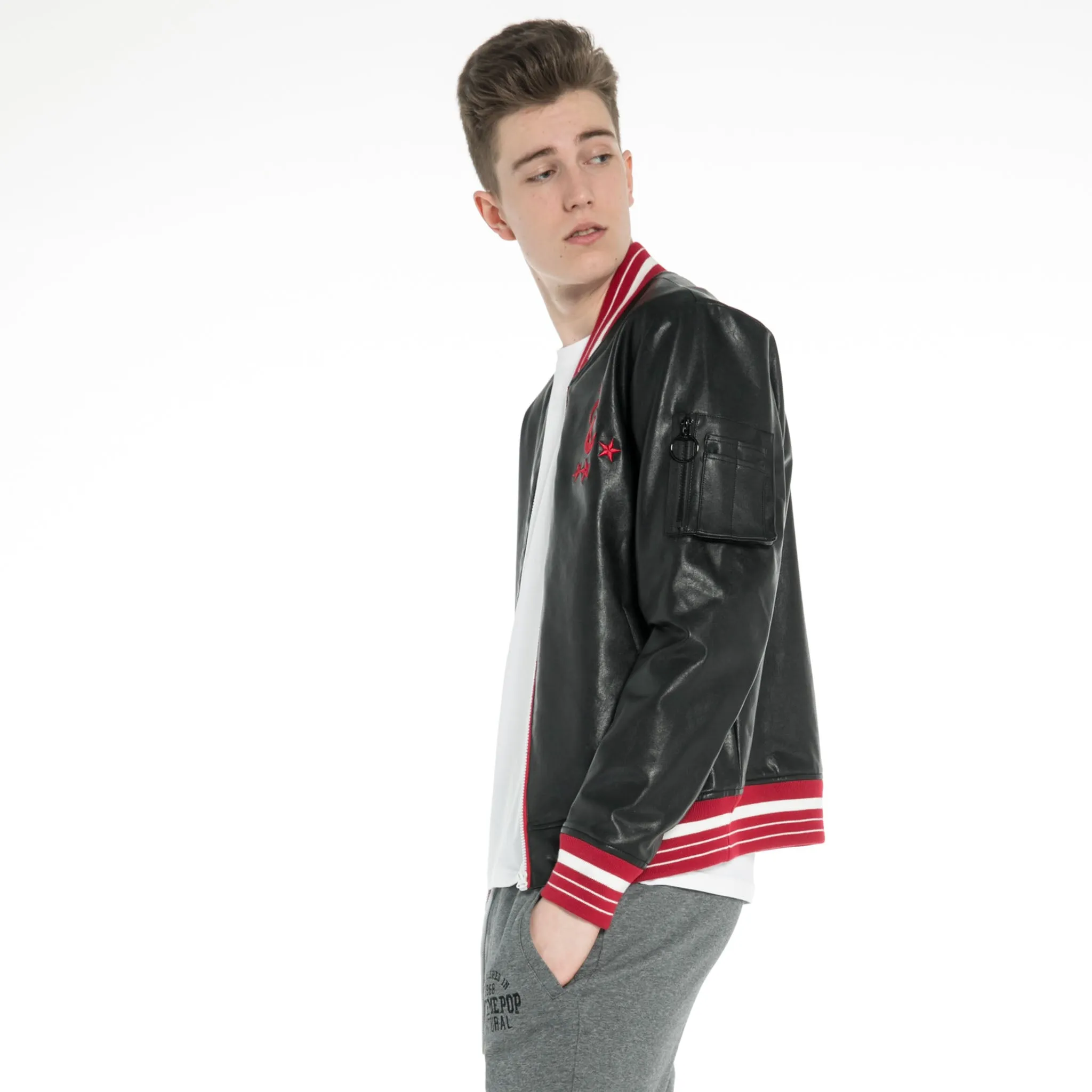 Washed Faux Leather Baseball Jacket