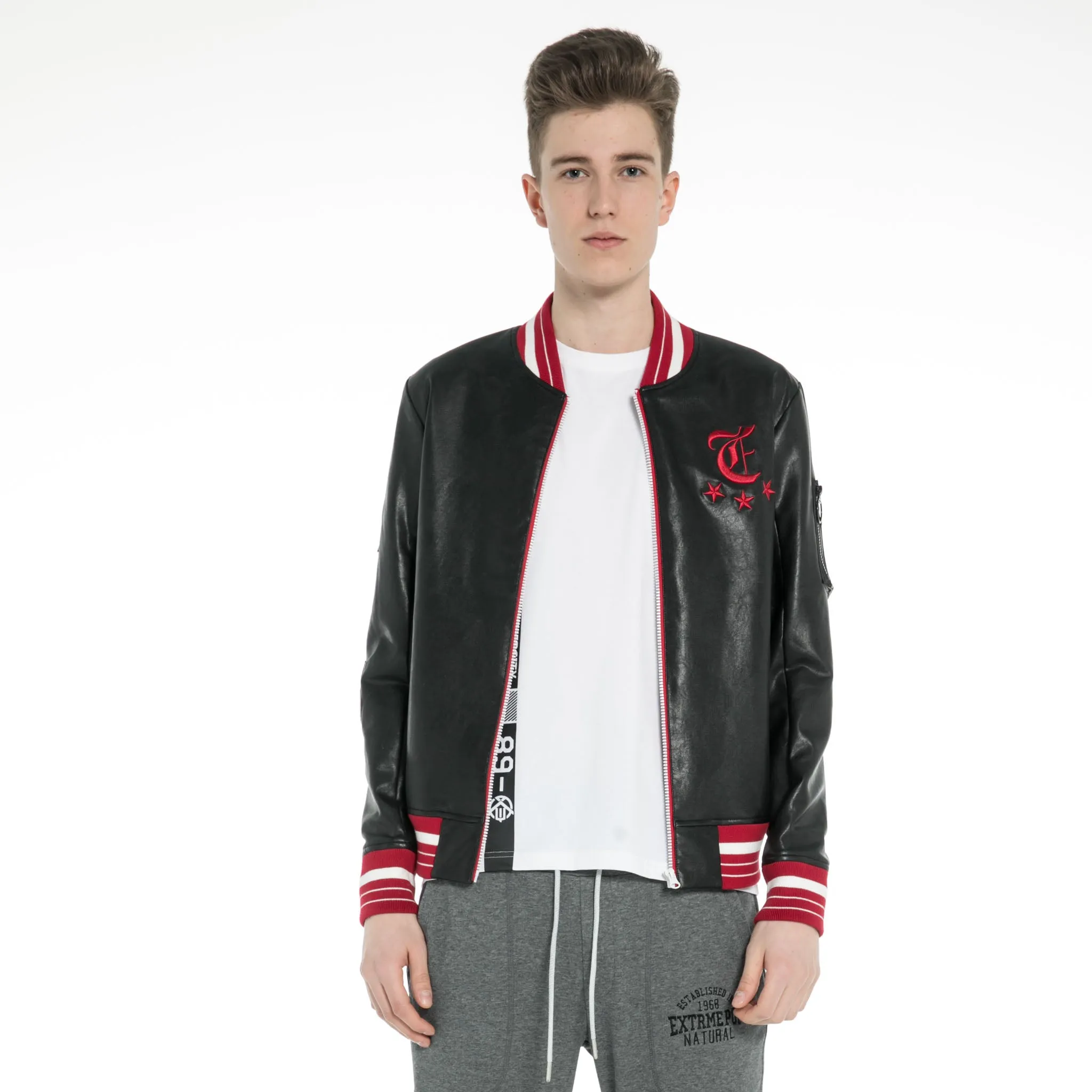 Washed Faux Leather Baseball Jacket