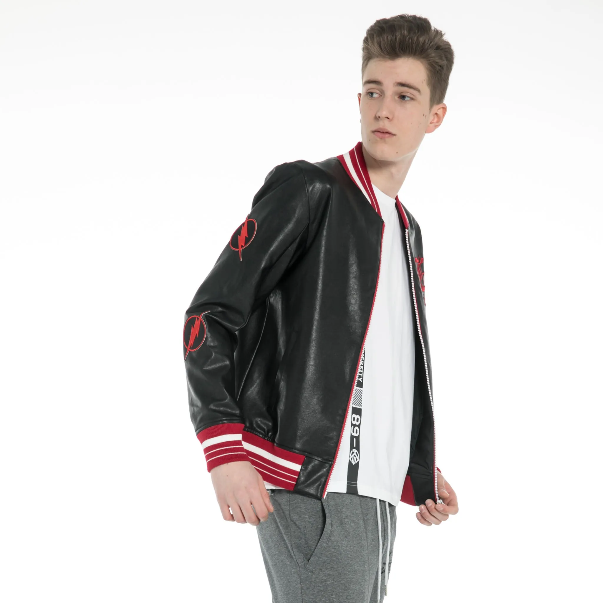 Washed Faux Leather Baseball Jacket