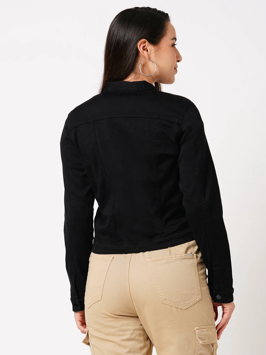 Women Black Solid Long Sleeves Jackets