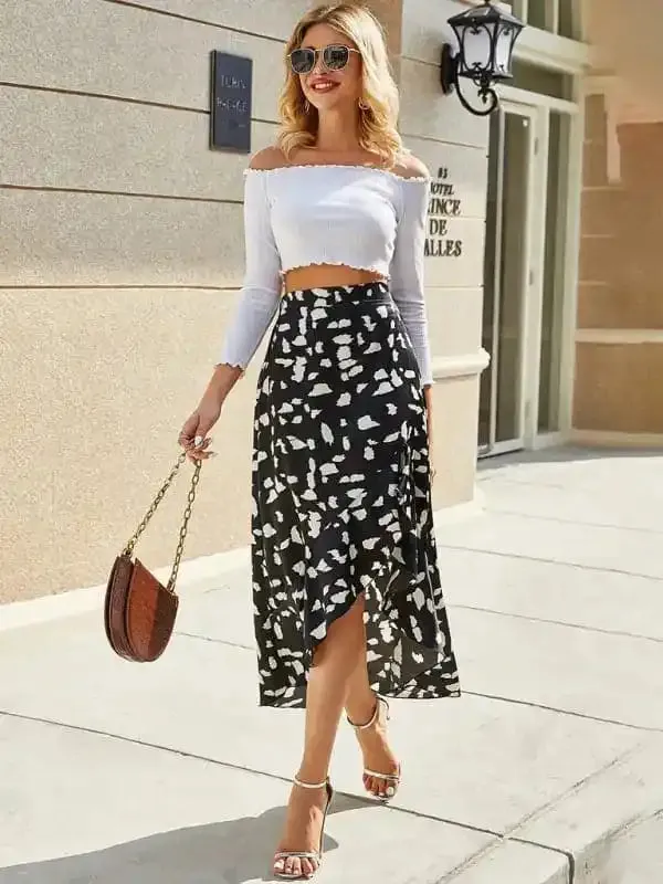 Women’s Dot Print Ruffled Asymmetric Skirt