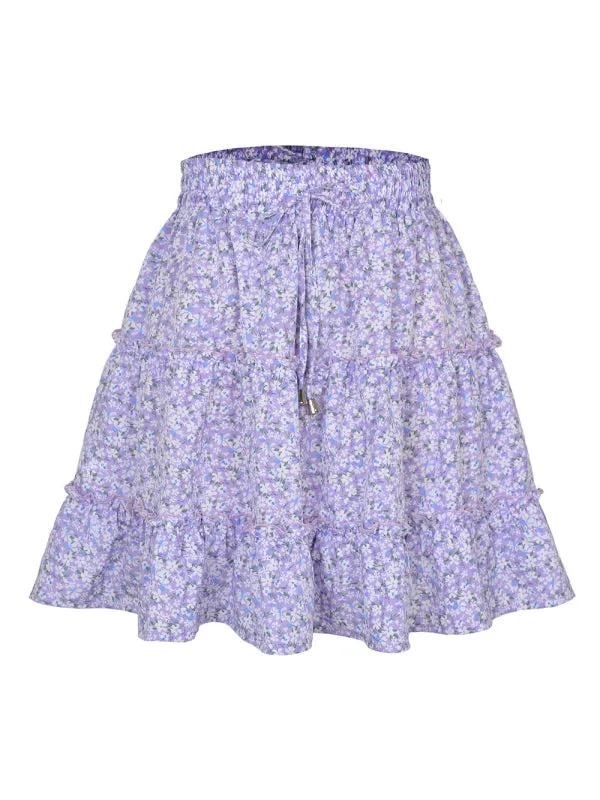 Women's Solid Color Tiered Ruffle Waist Tie Mini Skirt