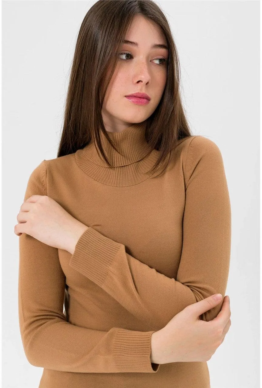 Womens Turtleneck Knitwear Sweater - Camel Brown | Soft and Elegant