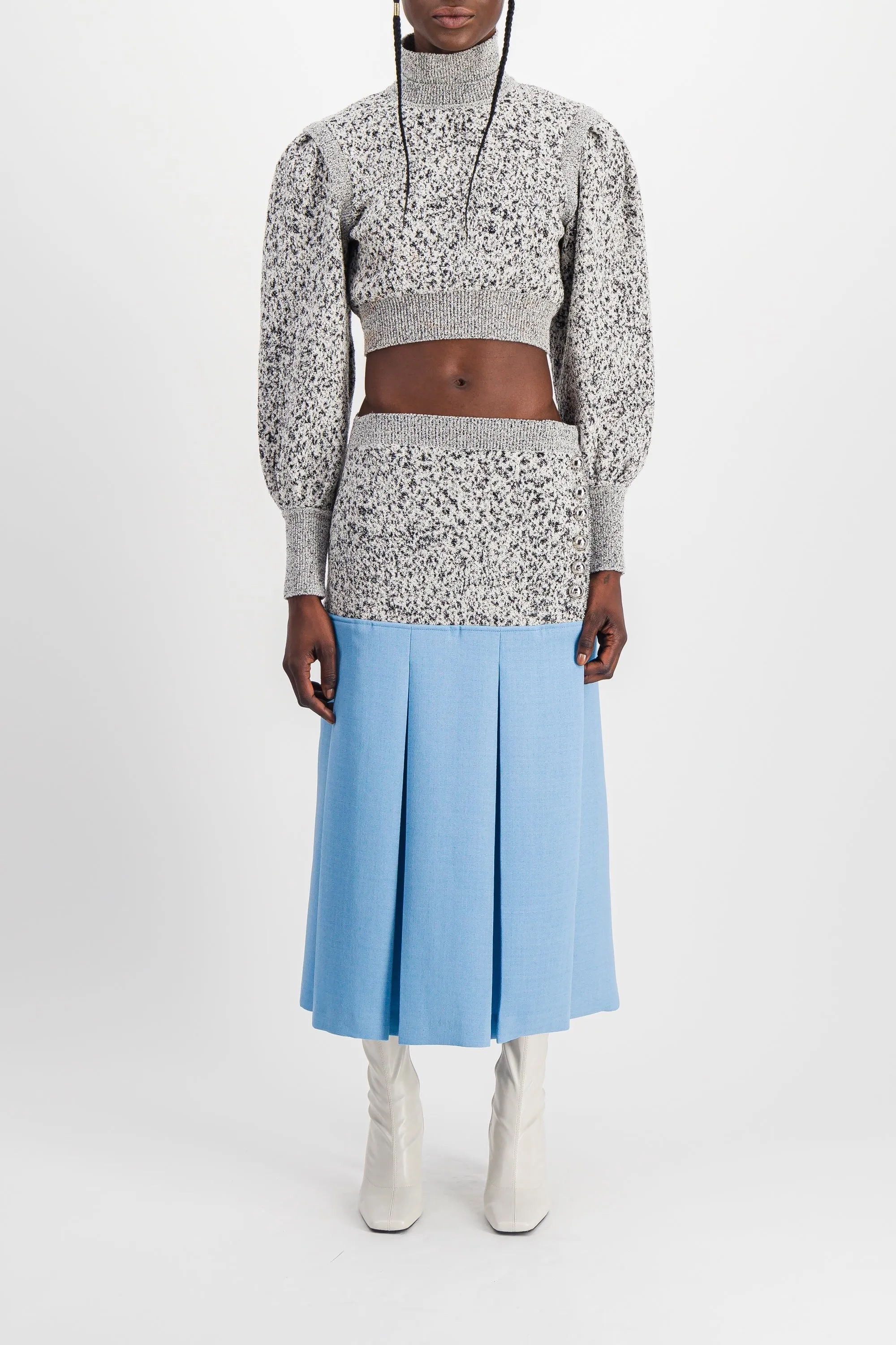 Wool crêpe bi-color midi skirt with side slit