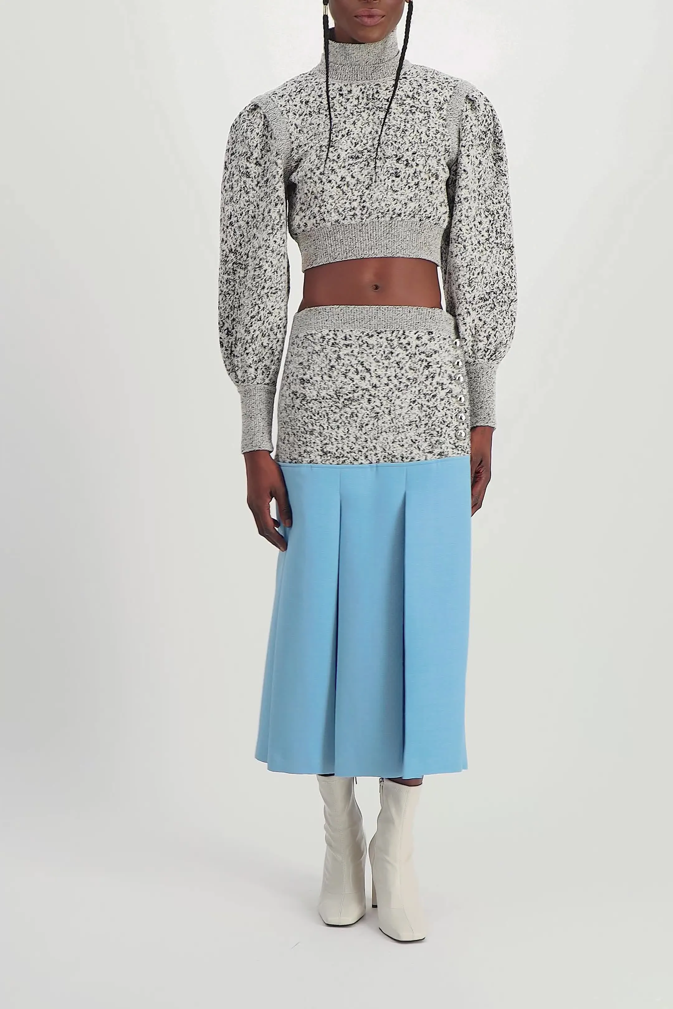 Wool crêpe bi-color midi skirt with side slit