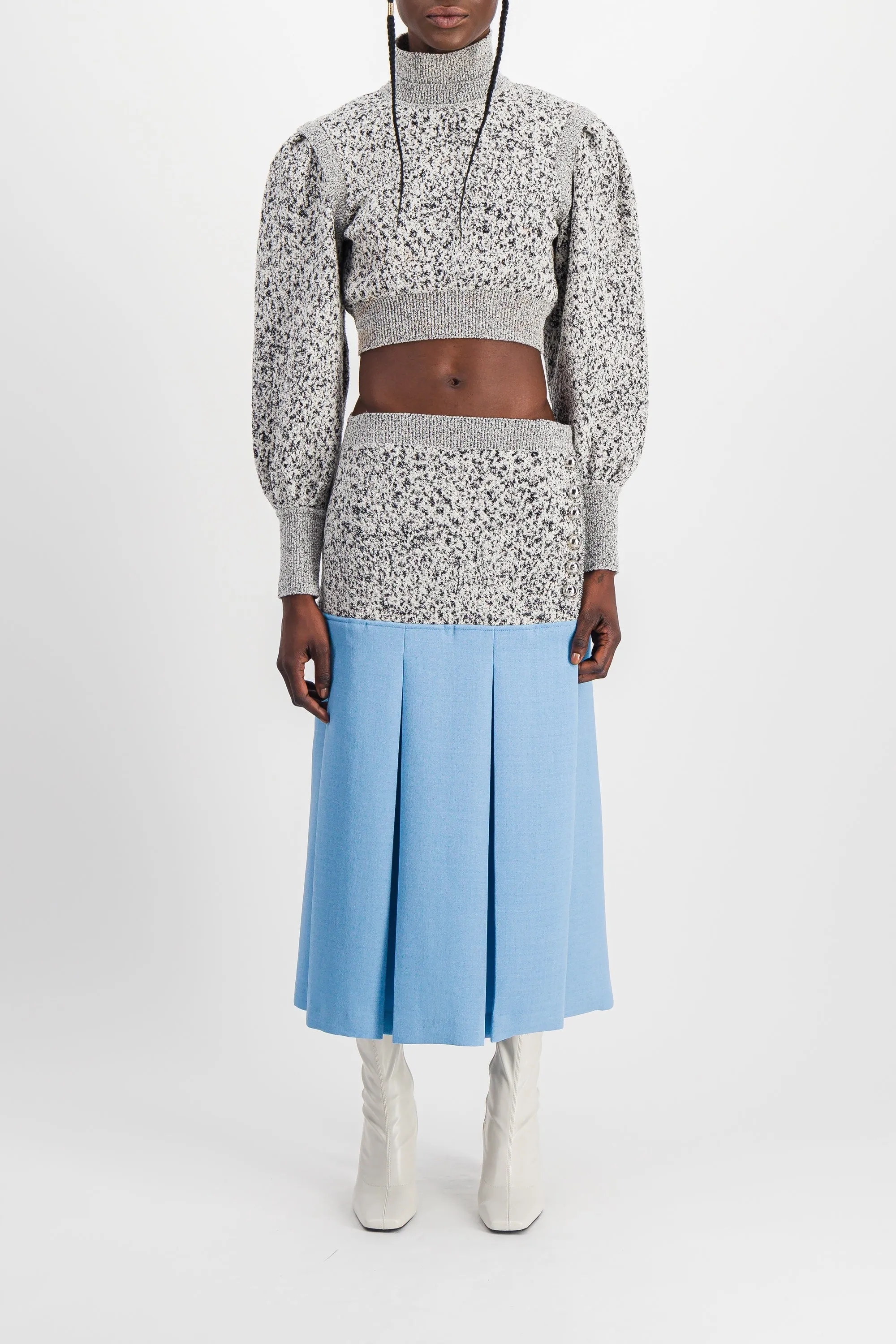 Wool crêpe bi-color midi skirt with side slit